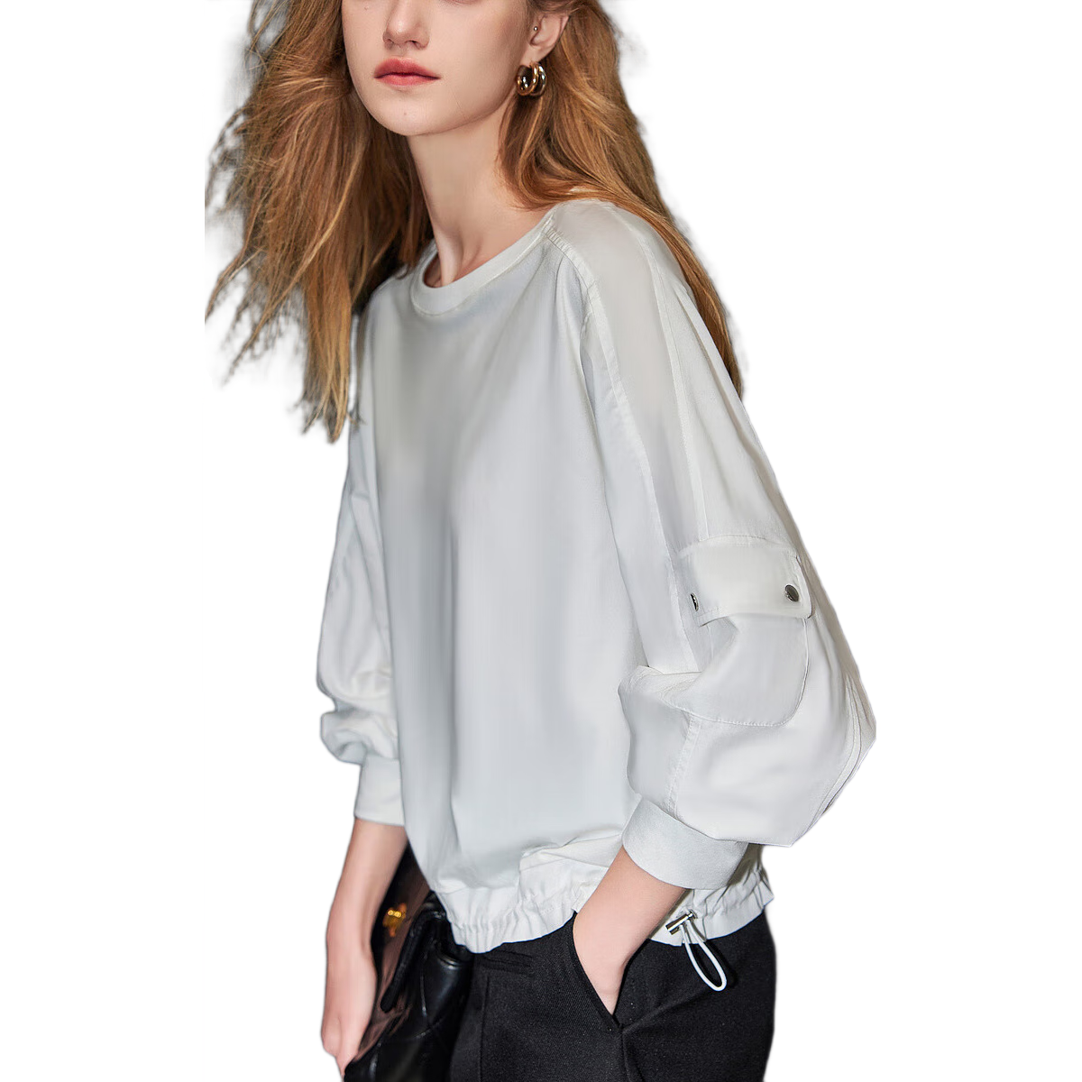 Dme [Encounter Virgo] Spring And Autumn Simple Commuter Workwear Pocket Shirt, Comfortable Elastic Hem Blouse Women's Top