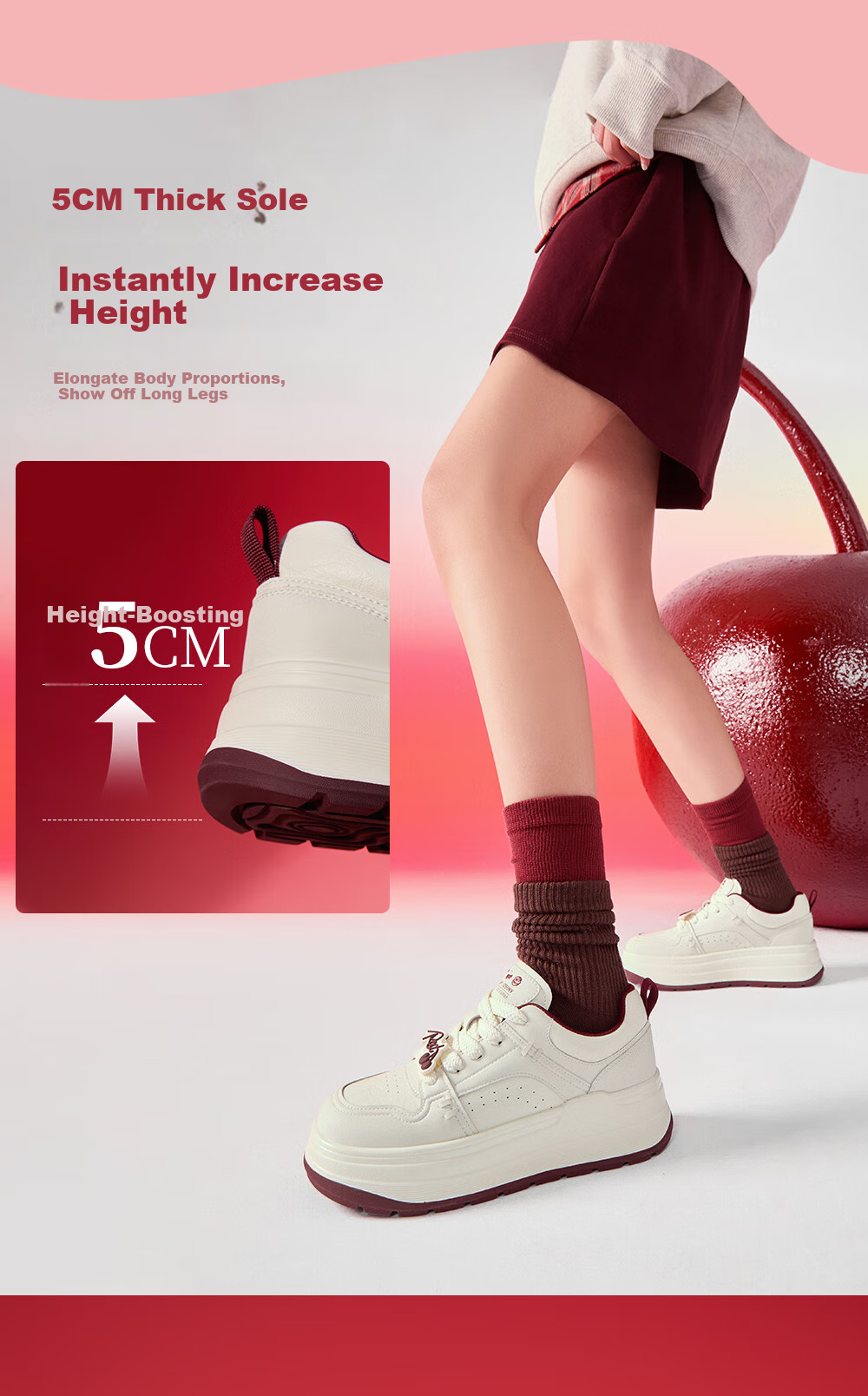 Josiny Thick-Soled White Sneakers for Women, Spring And Autumn 2026 New Style Soft Sole Board Shoes Versatile Breathable Sports Casual Shoes Beige/red 37 12