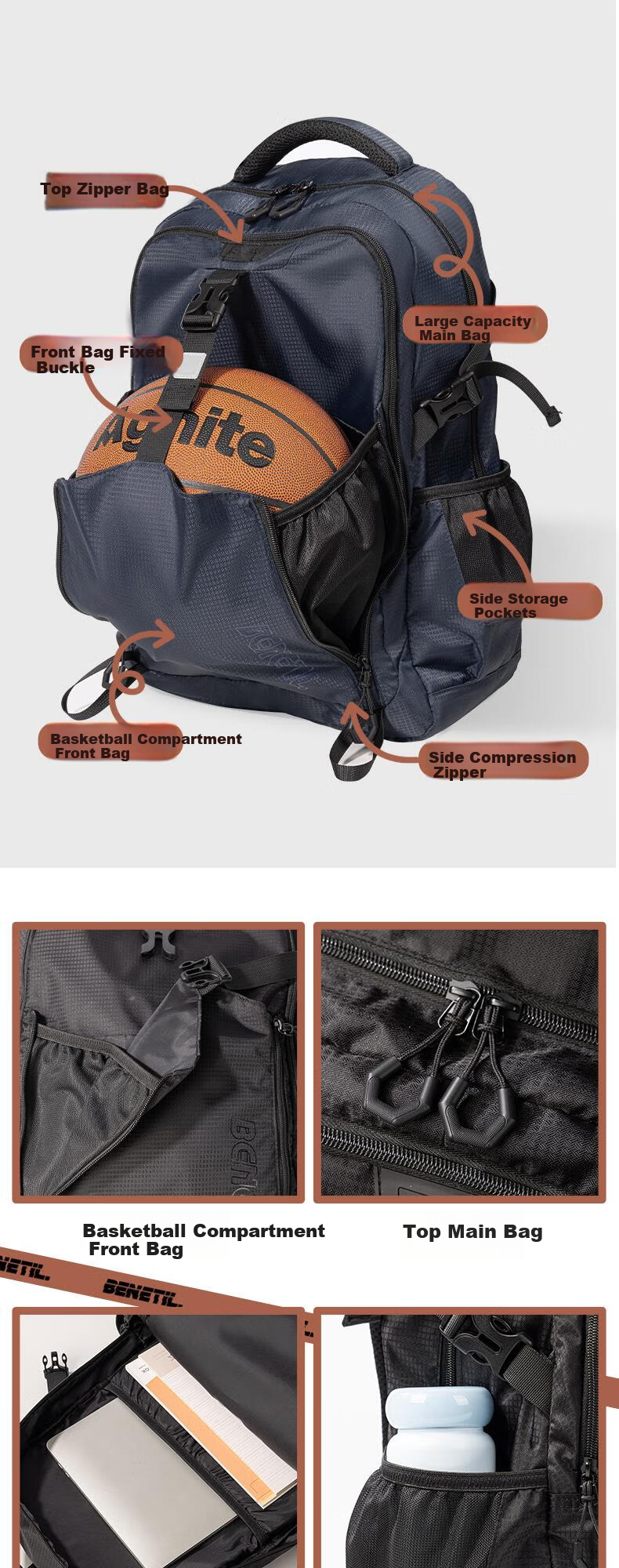 Deli Sports Reflective High School Basketball Backpack Large Capacity Backpack with Separate Basketball Compartment Shoulder Bag Navy Blue BB186 3