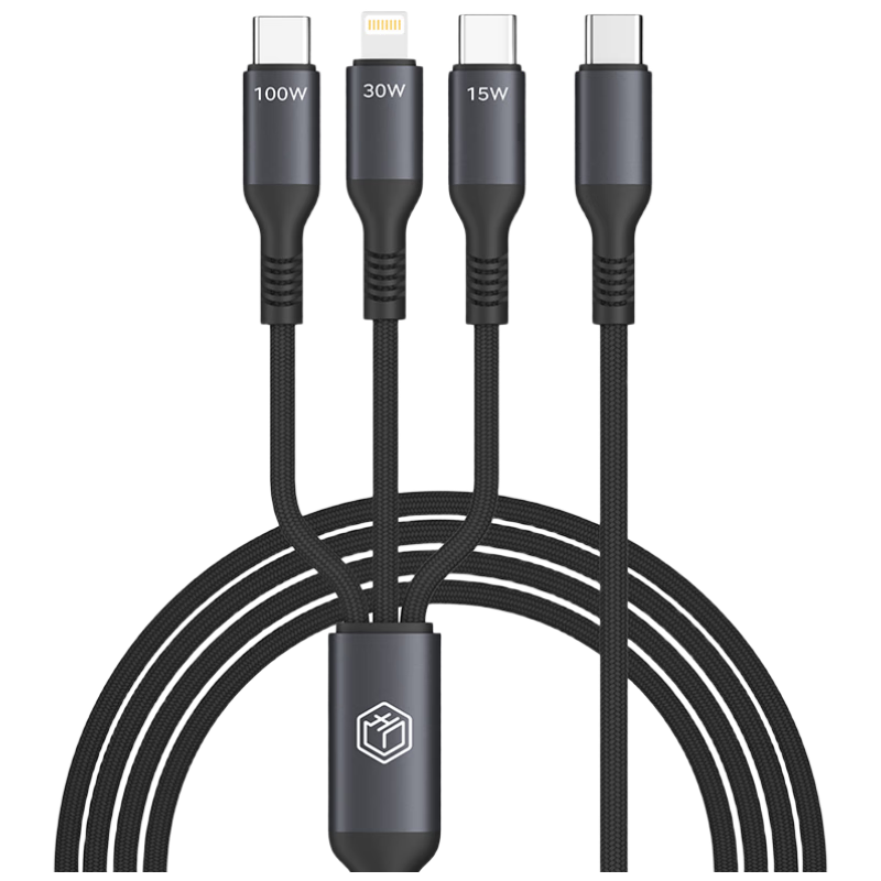 JD Original [Type-C to Three-In Fast Charging Cable] Data Cable 100W/30W/15W Multi-Function Compatible with Apple 17/16, Android, Huawei Mate70, Xiaomi Phones, Car Charger