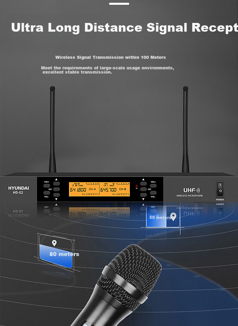 HYUNDAI HD01 Wireless Microphone, U-Band Wireless Handheld Two-Channel, Specially Designed for KTV, Wedding, And Stage Performances 7