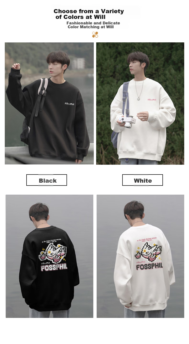 Foss Phil Men's Sweatshirt, Autumn And Winter Trendy Cartoon Print, Loose Casual Round Neck Base T-Shirt Top, FPW5 Black M 2