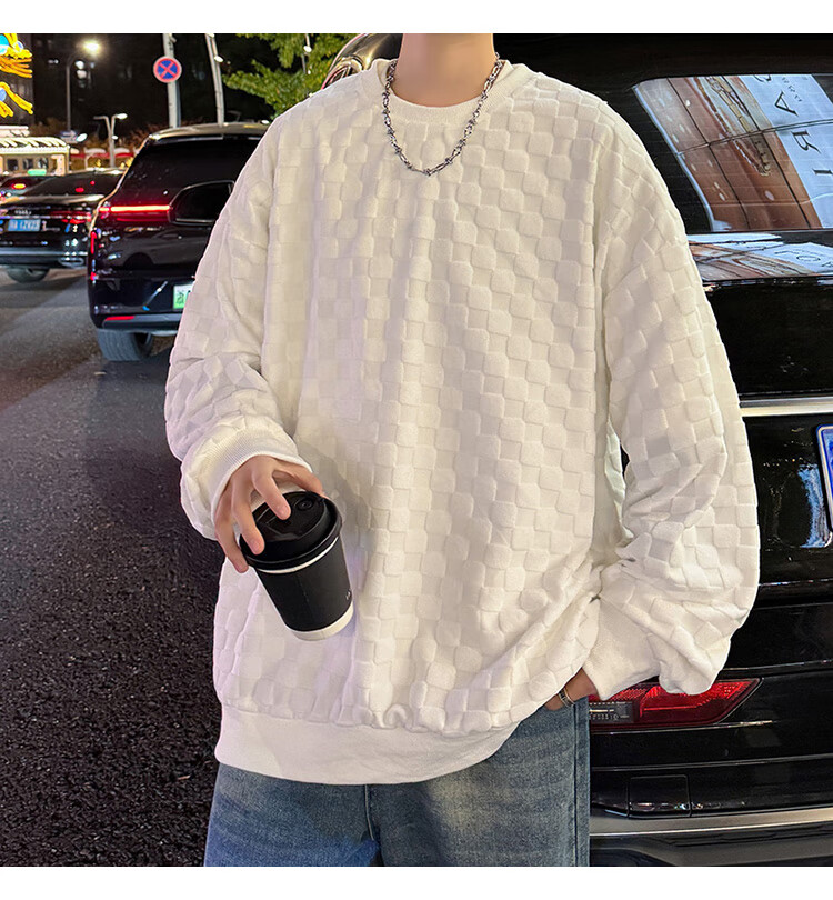Dingfengbaoluo Japanese-Style Plaid Crew Neck Sweatshirt for Men, Spring Loose-Fitting High-End Casual Base Layer Top DFL77 Black XL 3