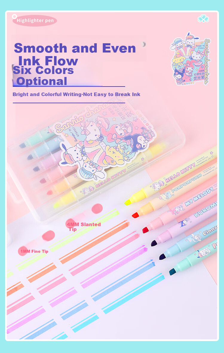 GuangBo Dual-Tip Erasable Highlighters, 6 Colors, Sanrio Collaboration Student Exam Review Highlighting Pens, Aesthetically Pleasing Journal Markers Office Marker KT84587 4