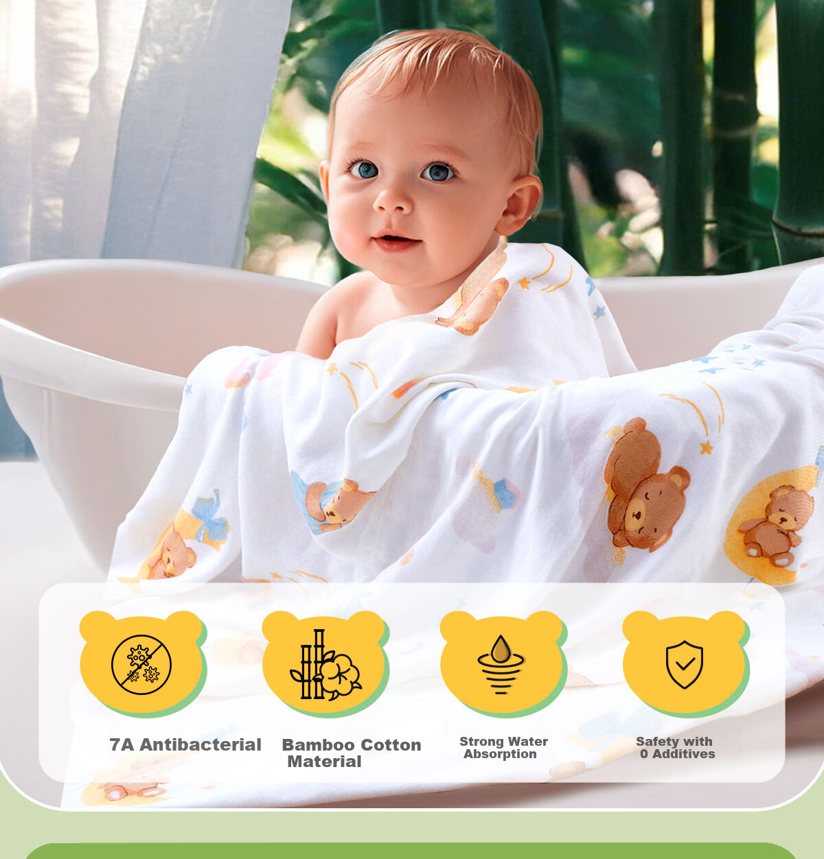 Mianzhirun Baby Muslin Bath Towel, Infant Absorbent Swaddle, Newborn Blanket, Children's Bamboo Cotton, 7A Antibacterial, 110cm*110cm 2