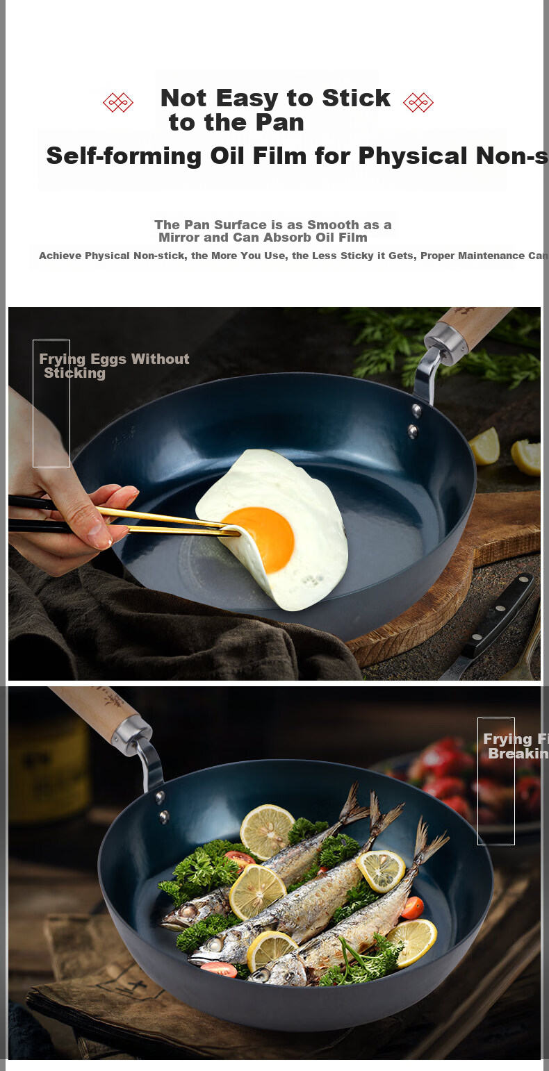 Zhenshanhuan Iron Wok, Frying Pan, Flat Bottom Pan, Non-Stick Pan, Egg Pan, Uncoated Frying Pan, Baby Food Pan, 24cm with Wooden Handle 4