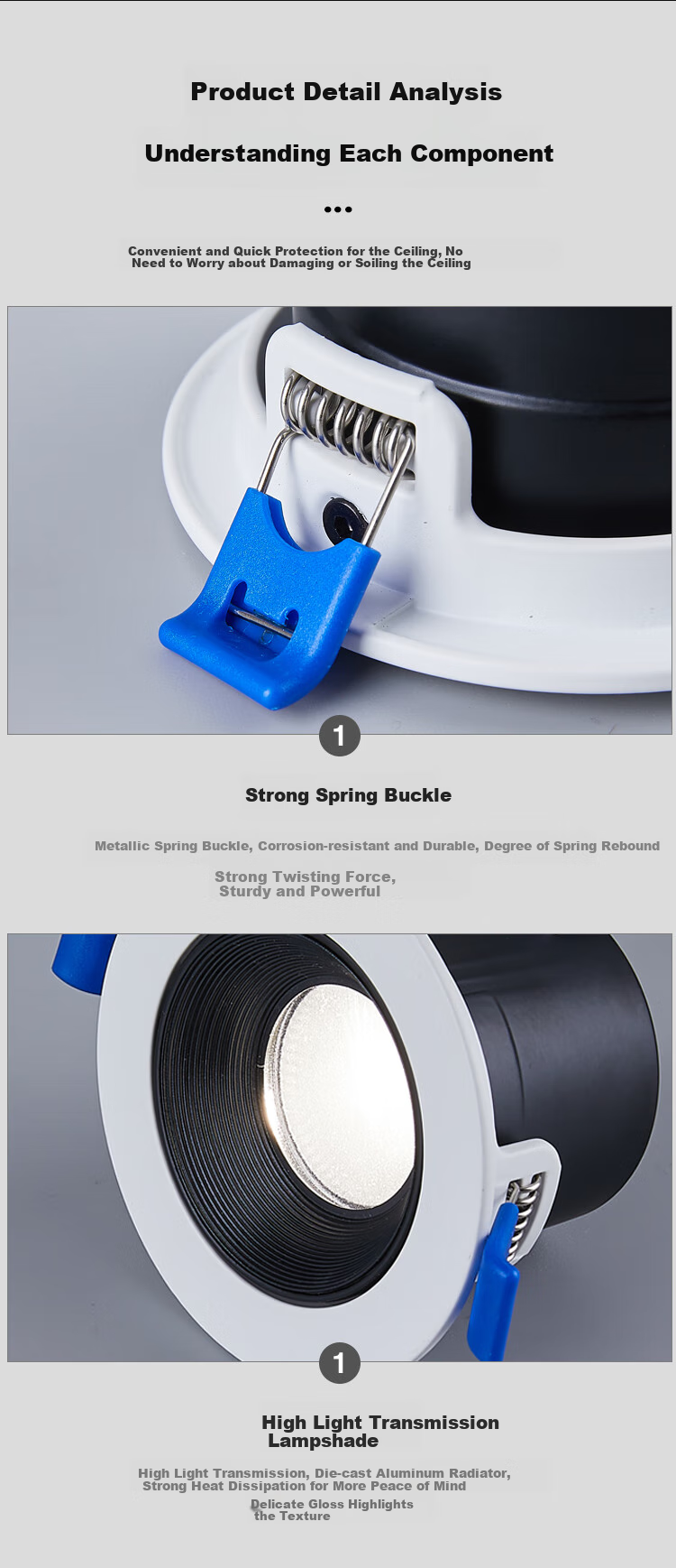 FSL Foshan Lighting Full Spectrum LED Deep Anti-Glare Ceiling Spotlight, 2.5 Inch, 7W, High CRI Ra95, Neutral Light, 4000K, Xinyue Series, Black Cup, Die-Cast Aluminum, White Ring 7