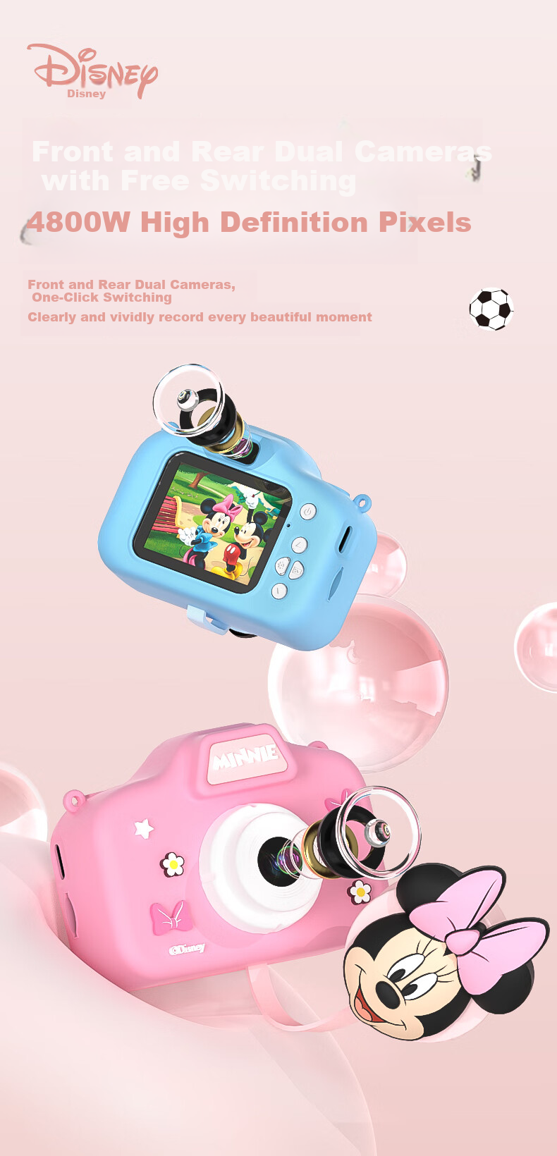 Disney Children's Digital Camera, Student Compact Camera, Pocket Camera for Photography And Travel, Dual-Lens Camera for Boys And Girls, Birthday Gift for Students, HD01 Minnie 3