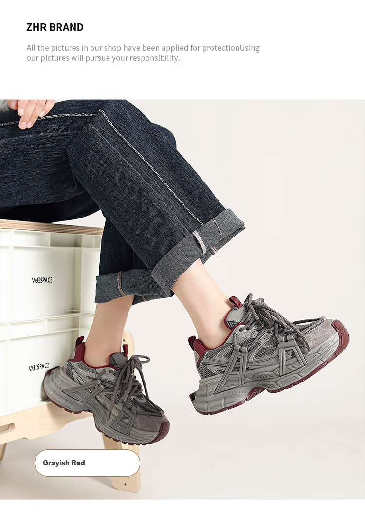 ZHR Dad Shoes for Women, Retro Style Sports Sneakers, Height-Increasing Thick-Soled Outdoor Casual Shoes for Women, JT65 Gray And Red, Size 35 8