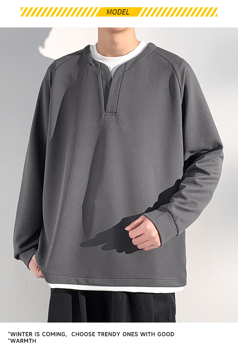 Foss Phil Men's Sweatshirt, Spring And Autumn Korean Style Patchwork Versatile Fake Two-Piece Casual Inner Layer Base Top, 2504 Black XL 14