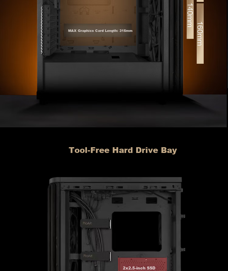 ASUS ProArt Chuangmeng40 PA401 Muyi Tiyun Edition Case, Powerful Cooling, Wooden Art Front Air Grille, Tool-Free Disassembly And Assembly, Power Button Lock, PWM Switch 9