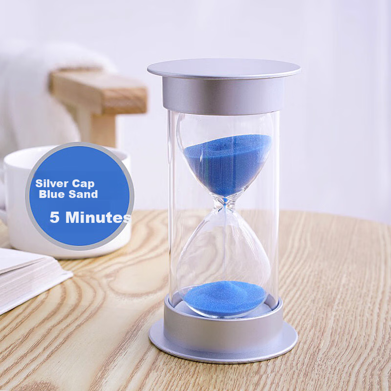Jidukongjian Silver Lid Sandglass Timer Ornament, 5-Minute Children's Learning Time Management Device, Birthday Gift, Shatterproof Decoratio
