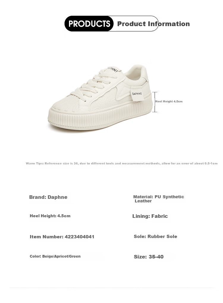 DAPHNE Thick-Soled White Sneakers for Women, New Style, High-End Versatile Casual Thick-Soled Sports Shoes, Beige, Size 39 1