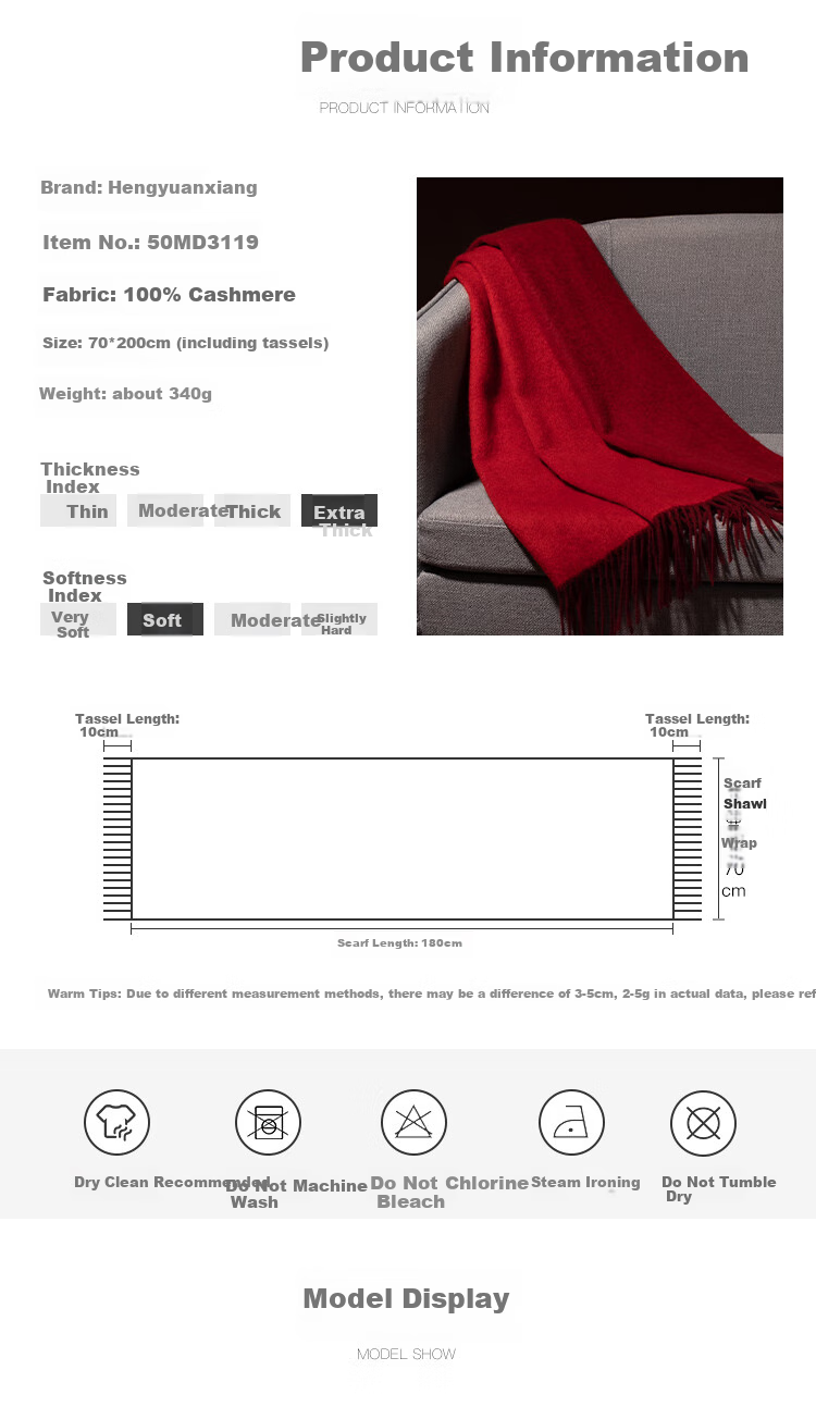 Hengyuanxiang 100% Pure Cashmere Double-Sided Shawl, Women's Scarf, Office Air Conditioning Wrap, Birthday And National Day Gift Box 4