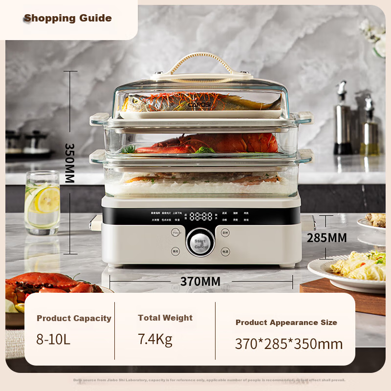 CAPOSI German [0 Coating] Glass Electric Steamer Pot with Stewing And Cooking Functions, 2 Layers, Multifunctional Pot for Home Use, Large Capacity for 3-4 People, Three-Layer Detachable Steam Cooker