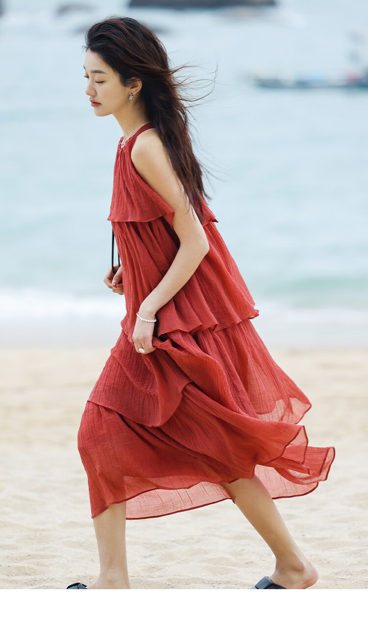 Dme [Heavy Workmanship Layered Spaghetti Strap Dress], Summer Vacation Style, Retro Brick Red, Elegant Cake Skirt 16