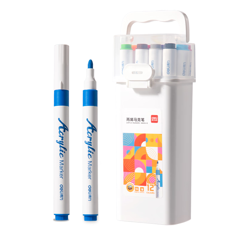 Deli [Back to School Stationery] 12-Color Children's Round Barrel Acrylic Markers, Bucket-Packed Watercolor Pens, Birthday Waterproof Hand-Drawn Guka Fluorescent Markers, Doodle Watercolor Pens for Art Educatio