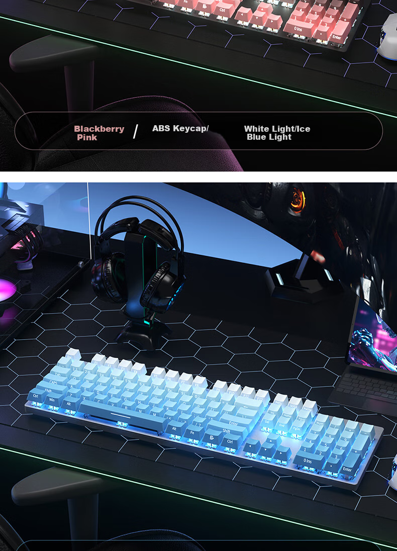 HP Mechanical Keyboard, Wired for Office, E-Sports And Gaming, Compatible with Desktop And Laptop Computers, Side-Engraved Gradient Blackberry Pink White Light Blue Switches, 104 Keys 10