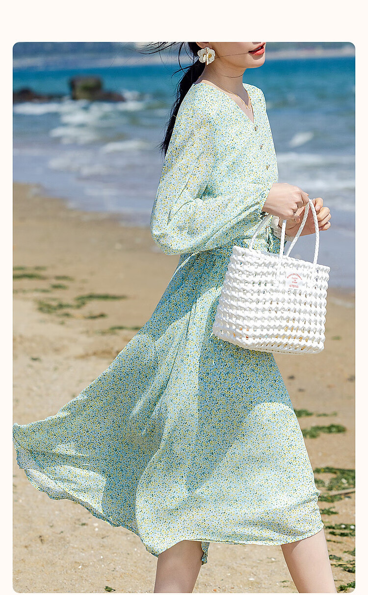 Dme [Sweet Floral Chiffon Umbrella Dress], Spring And Autumn V-Neck Waist-Cinching Long-Sleeve Dress, Mid-Length Women's Dress 3