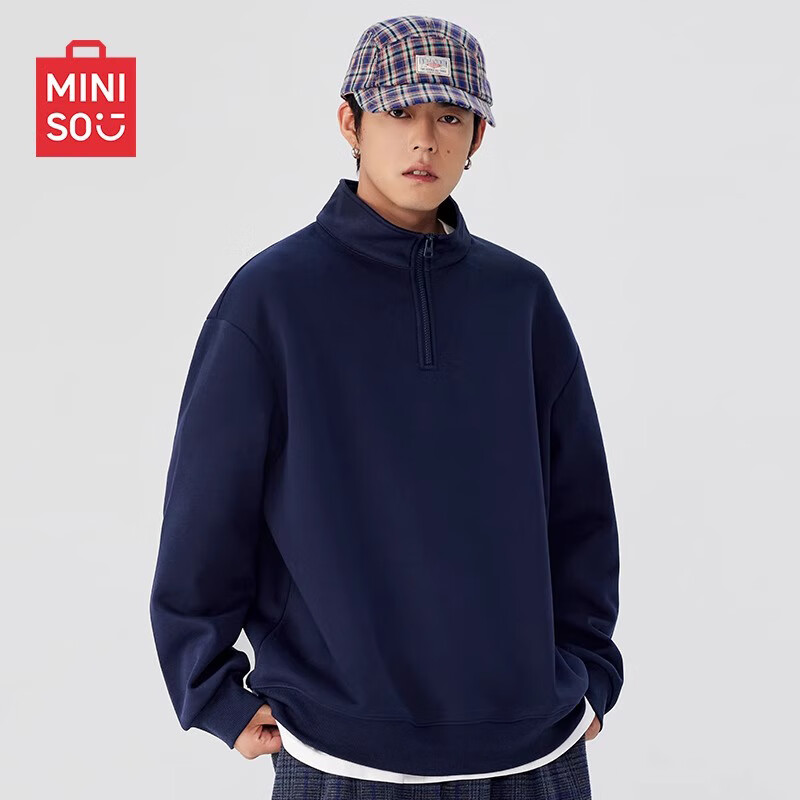 MINISO Half-Zip Sweatshirt for Men, Heavyweight Hard-Feel Spring New Style Trendy Stand-Collar Loose Jacket, Navy Blue, XL