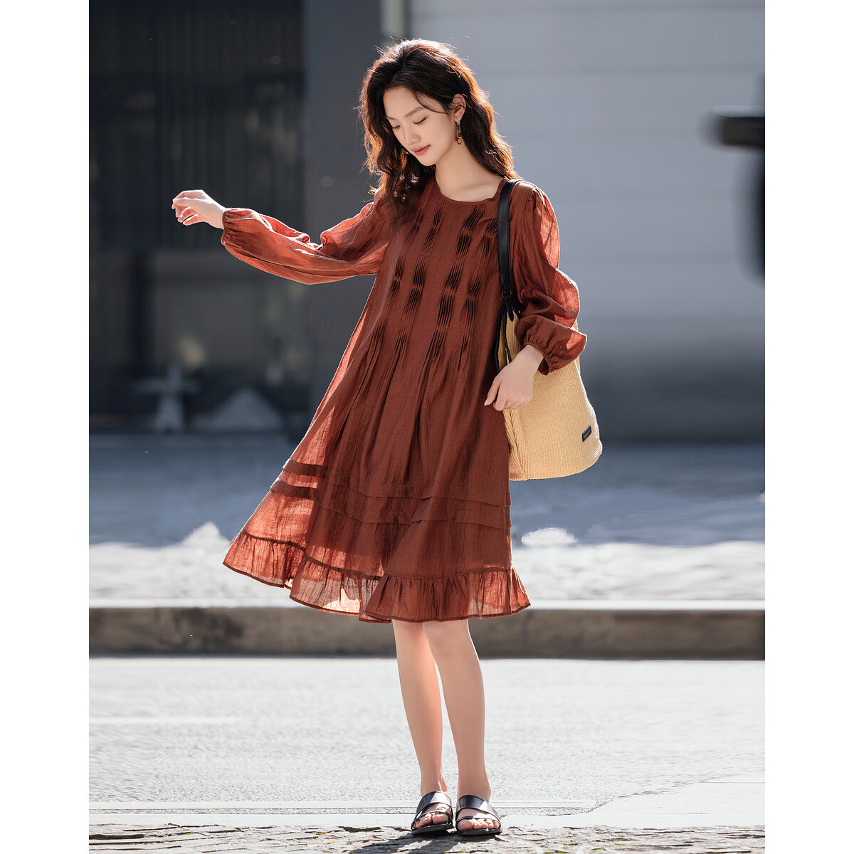 Dme [Tasha Xing Wan] Spring Silky Lyocell Tea Break Dress, Elegant Accordion Pleated Lace Dress