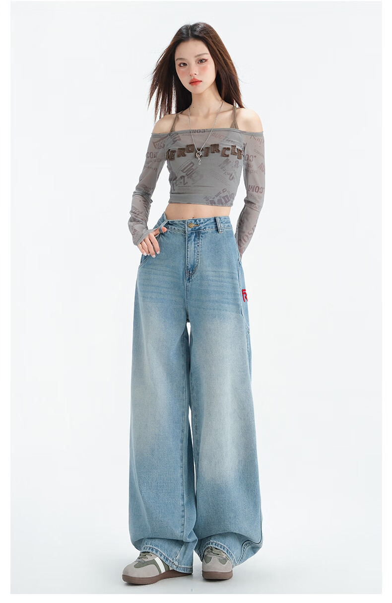 LangSha Embroidered Wide-Leg Jeans for Women, Spring 2025 Thin Vintage Style with Large Pockets, High-Waisted Washed Straight-Leg Jeans 13