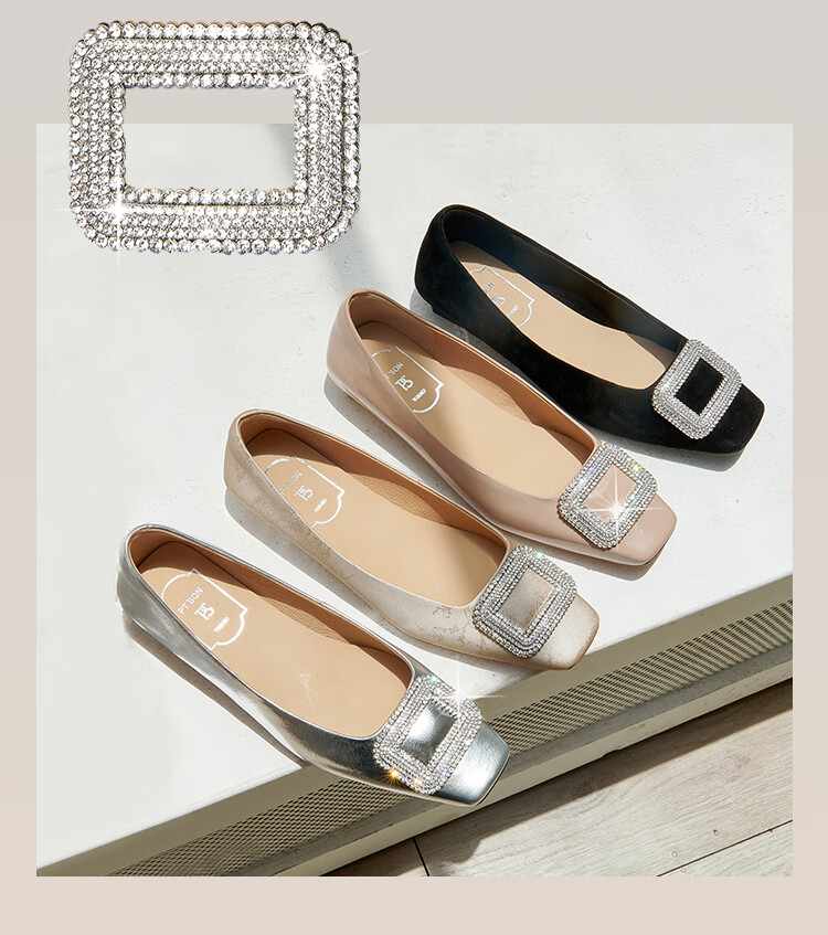 PT'SON Rhinestone Flats for Women, Autumn 2026 French Versatile Flat Shoes, Soft Lambskin Flats, Silver, Size 34 10