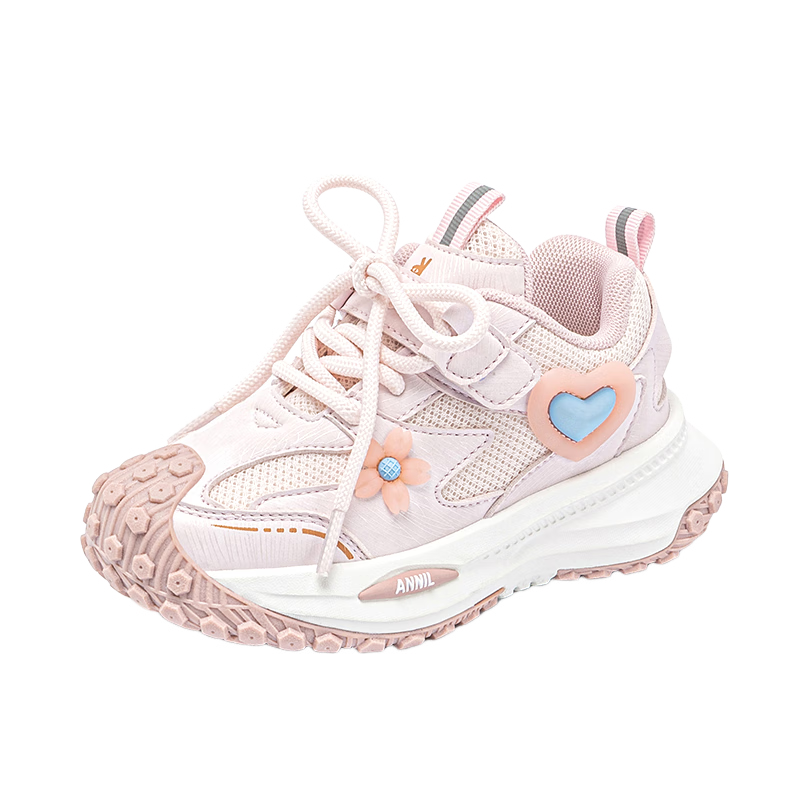 ANNIL Girls' Sports Casual Shoes Spring New Lace-up Breathable Mesh Dad Sneakers 5210 Pink Size 37