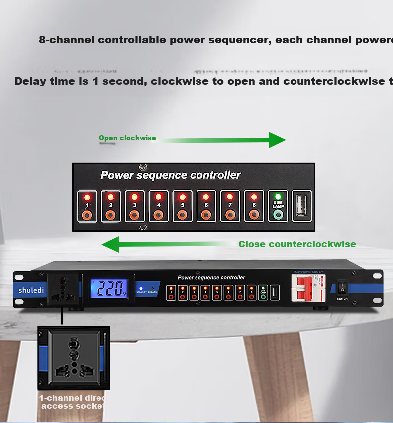 Shuledi D-20 Domestic Professional 8-Channel Power Sequencer with Filter, Independent Power Manager with Switch, Voltage Display, Stage Power Protector Controller for Meetings And KTV Audio Systems 12