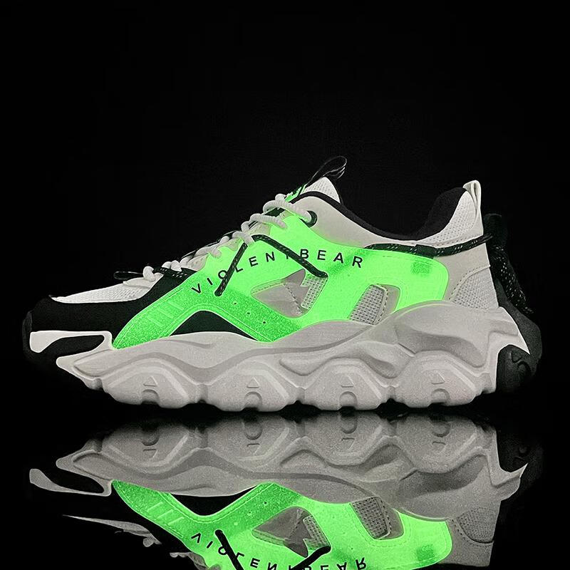 VIOLENTBEAR Men's Sneakers, Sports Shoes for Spring And Summer, Mesh Breathable Dad Shoes, Non-Slip Couple Shoes, White And Green [Luminous Version], Size 40 23