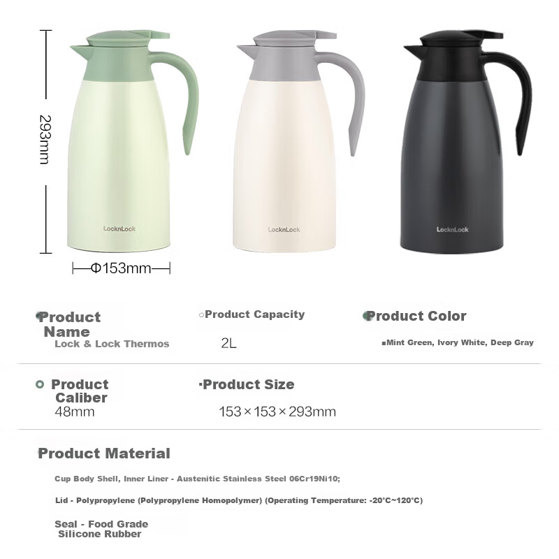 LOCK&LOCK Large Capacity Outdoor Insulated Bottle, 304 Stainless Steel Inner Liner, Cold Water Bottle, Vacuum Insulated Flask, 2L, Mint Gree