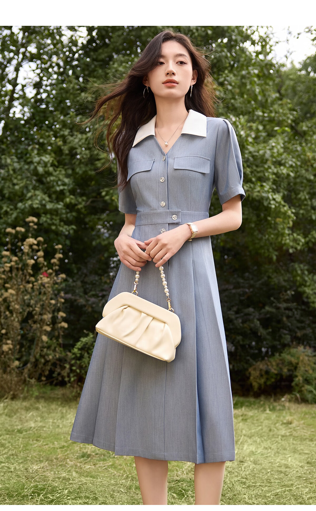Chushen Summer Short-Sleeve Dress for Women, Retro Color-Block Lapel, Waist-Cinching Slimming, Commuter Casual Dress S52Q036 16