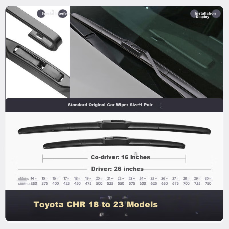 Paisu 18-26 Toyota C-HR/CHR Windshield Wipers, Original Size Boneless Wiper Blades, Rubber Strips, Silent 26+16 U-Shaped