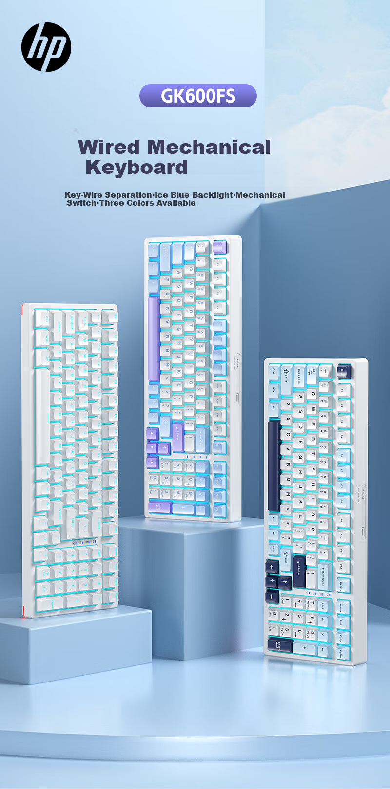HP GK100 Wired Backlit Mechanical Keyboard 104-Key Full-Size Gaming Office Ergonomic Computer Peripheral Side-Printed White Light Blue Switch 1