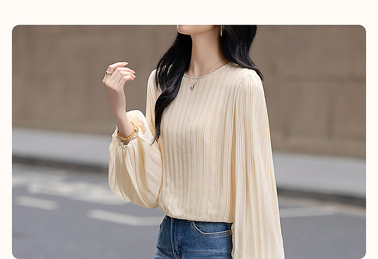 Dme [Gentle Daily] Spring Cream-Colored Textured Chiffon Blouse with Lantern Sleeves, Ladylike Shirt Women's Top 4