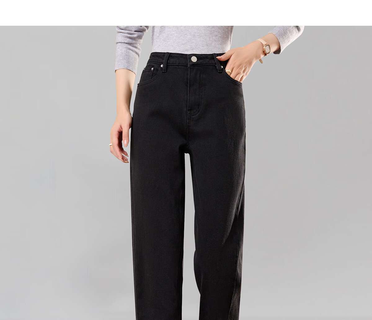 PinCai Women's Cropped Jeans, Petite Size, Solid Color, Slim Fit, High-Waisted, Stretchy, Side Slit, Straight-Leg Casual Pants P12KN1978 34
