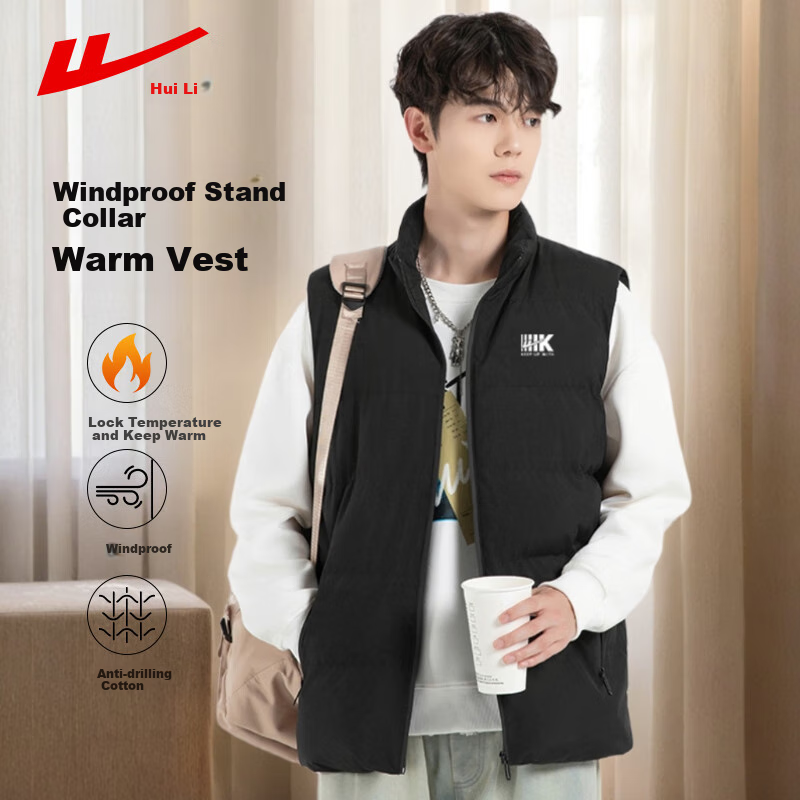 Huili Men's Vest, Winter Warm Cotton Waistcoat, Men's Sleeveless Jacket, Stand-Up Collar Versatile Outerwear, Black, 3XL