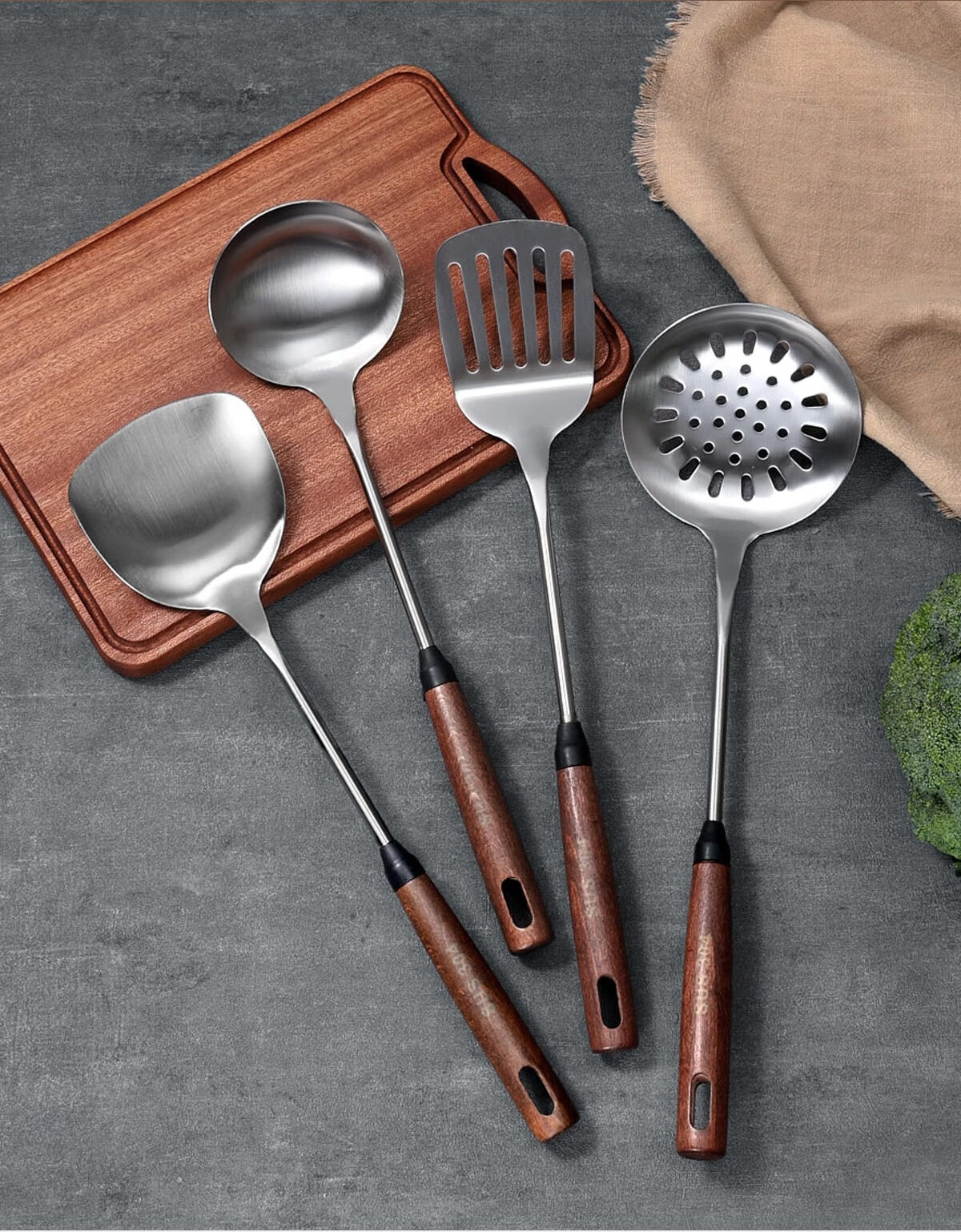 PAKCHOICE 304 Stainless Steel Kitchen Utensil Set with Walnut Color Long Handles, 6-Piece Cooking Spoon, Spatula, and Soup Ladle Set 4