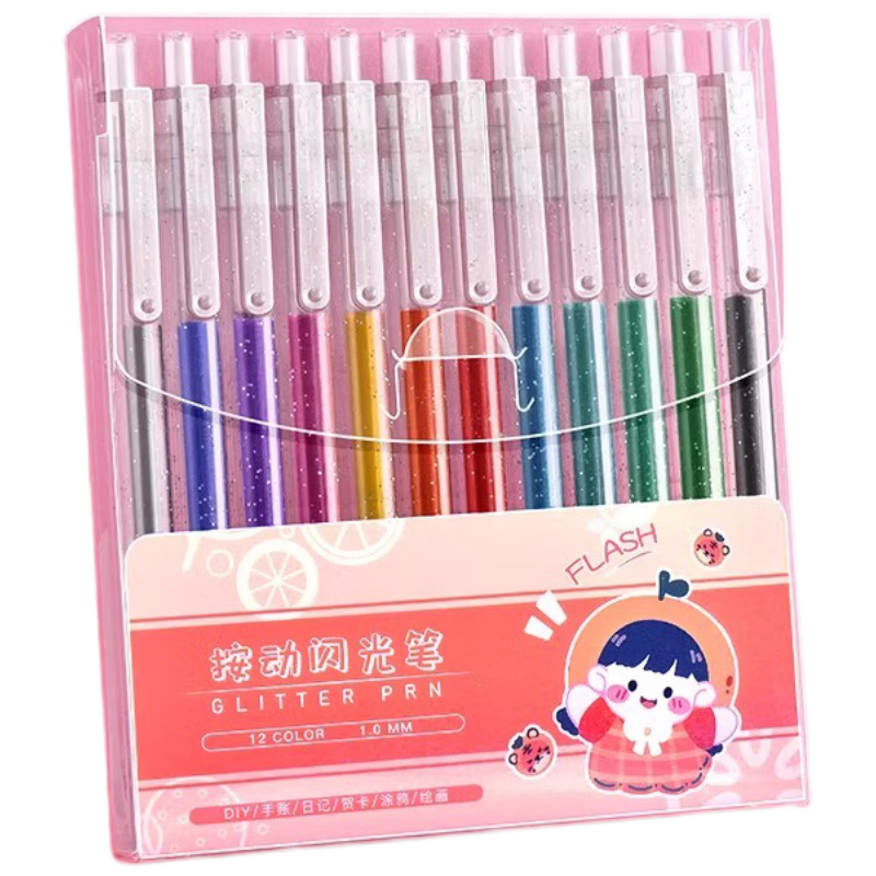 Shuxing 12-Color Retractable Gel Pens Flashing Glitter Gel Pens Luminous Liquid Sand for Kids Students Journal Pearl Outline Shiny Small Colored Highlighters