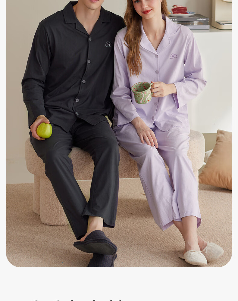 Fenteng Couple's Pajamas, Women's Spring And Autumn New Style, Pure Cotton Long-Sleeve Round Neck Loose-Fitting, Youth Men's Large Size All-Cotton Home Wear Set 4