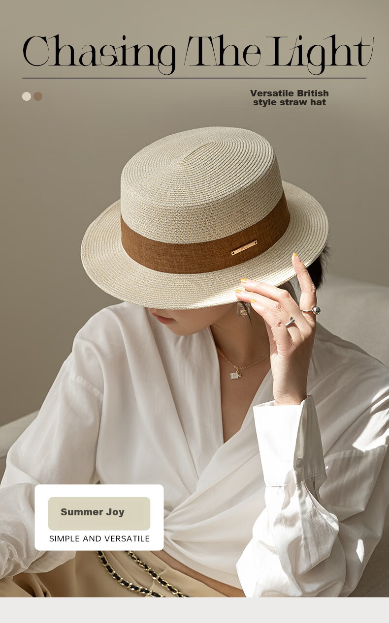 FANCET Flat-Top Straw Hat for Women, Summer Lightweight Luxury Elegant Sun Hat, Beach Vacation Sandal Straw Hat, Japanese-Style Woven Straw Hat 1