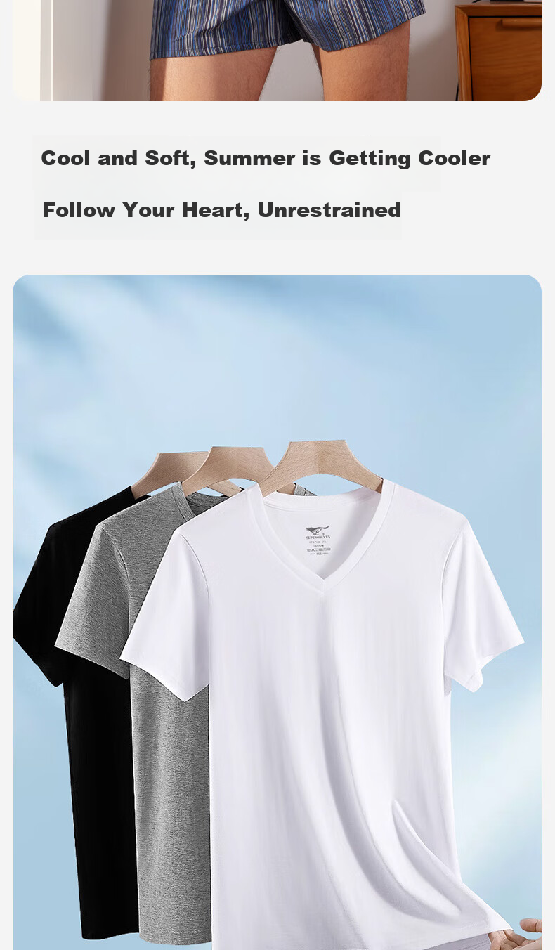 SEPTWOLVES [Classic V-Neck] Men's Short-Sleeve Pure Cotton T-Shirt, Running Sports Base Layer, Sweat-Absorbing Breathable All-Cotton Plain White T-Shirt for Home Wear 7