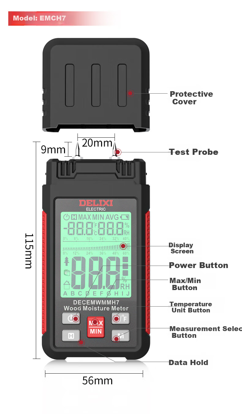 DELIXI ELECTRIC Wood Moisture Meter, High-Precision Digital Probe Moisture Tester, Measuring Instrument with Temperature And Humidity, 7 Types of Curves 9