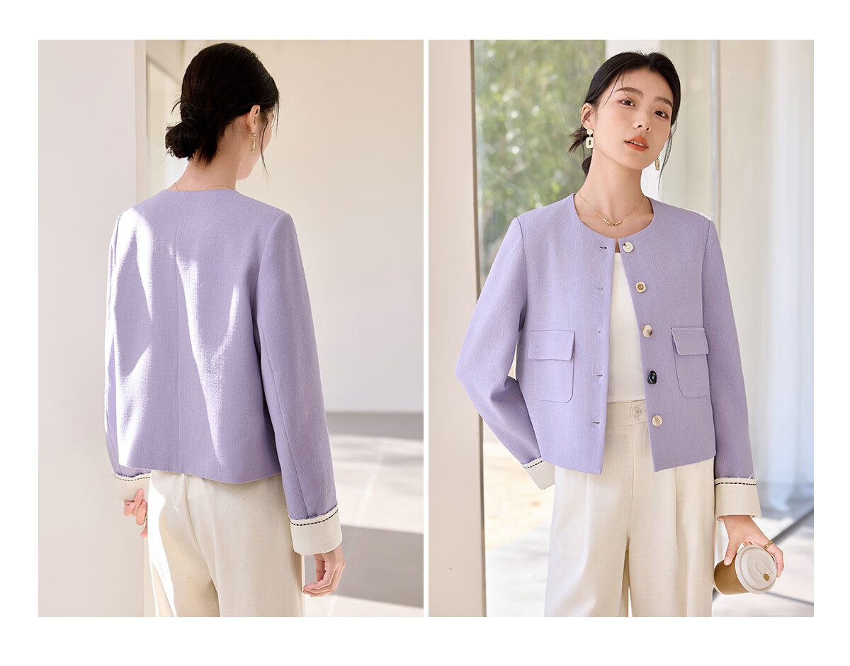 Chushen Women's Short Jacket for Spring And Autumn, Gentle Purple Elegant Chanel-Style Short H-Type Casual Coat for Petite Women S51D035 12