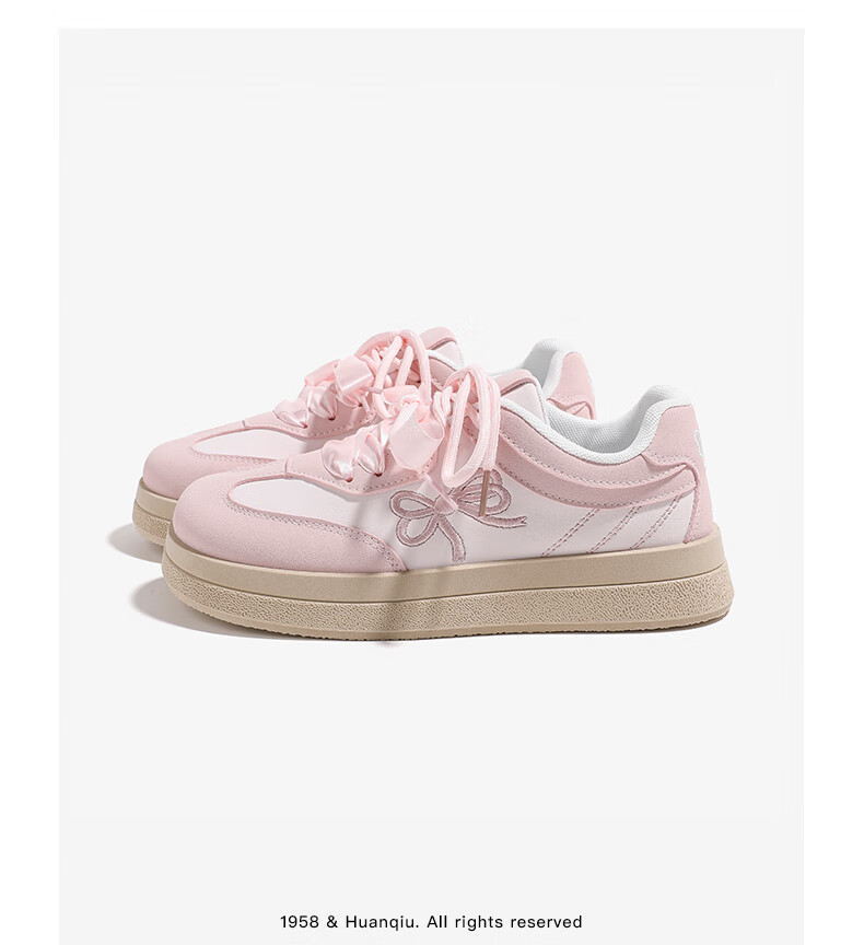 HUANQIU Butterfly Bow White Sneakers for Women, Spring 2026 New Style Versatile Puff Shoes Casual Skateboard Shoes Sports Shoes, Pink, Size 40 8