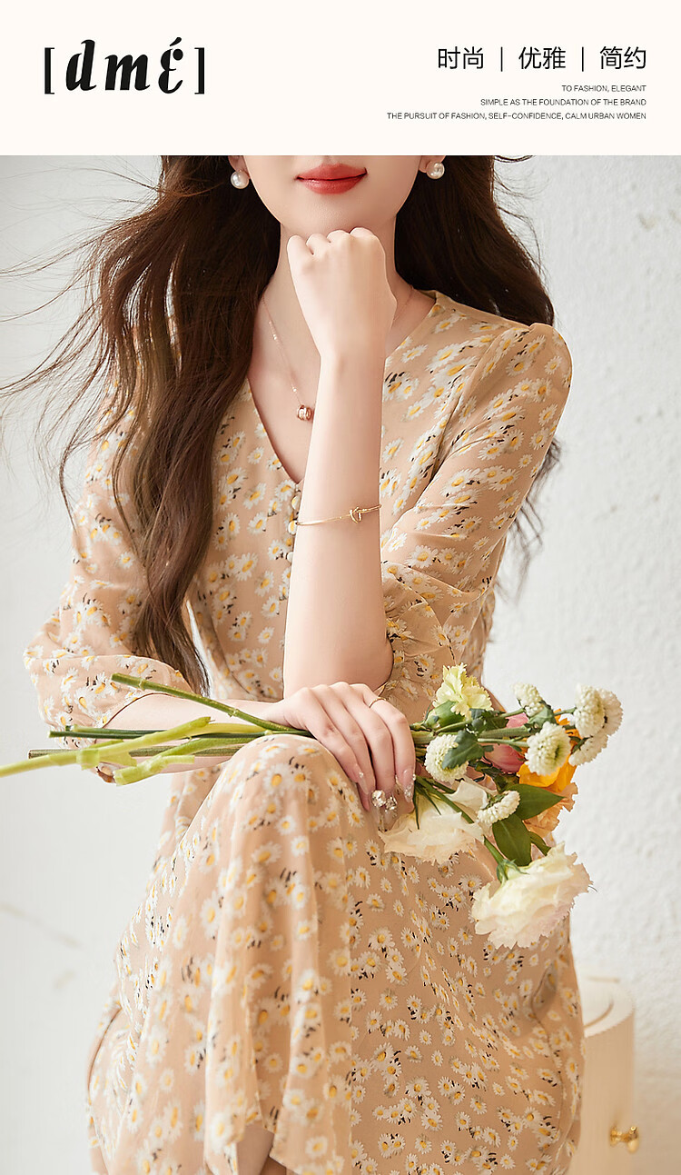 Dme [Xiao Zhi Ju Print Chiffon Dress], Spring And Autumn V-Neck Waist-Cinching Puff Sleeve Midi Dress for Wome 1