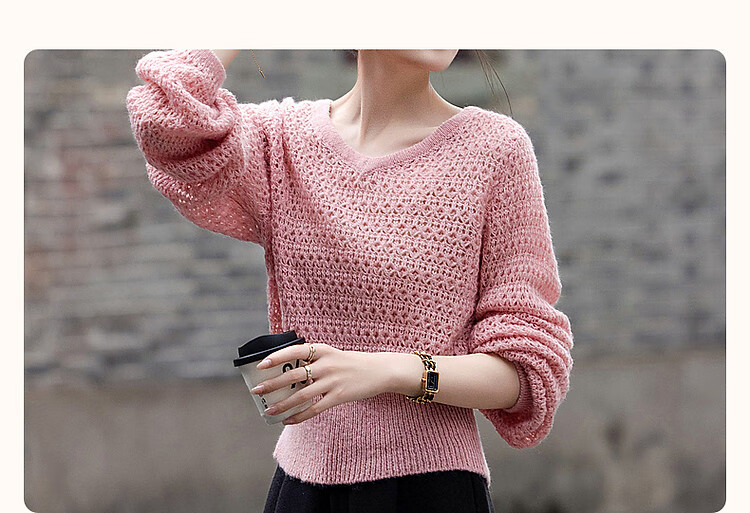 Dme [Containing Wool] Spring And Autumn Gentle V-Neck Hollow-Out Sweater, Body-Hugging, Girly Short Knit Top for Wome 5