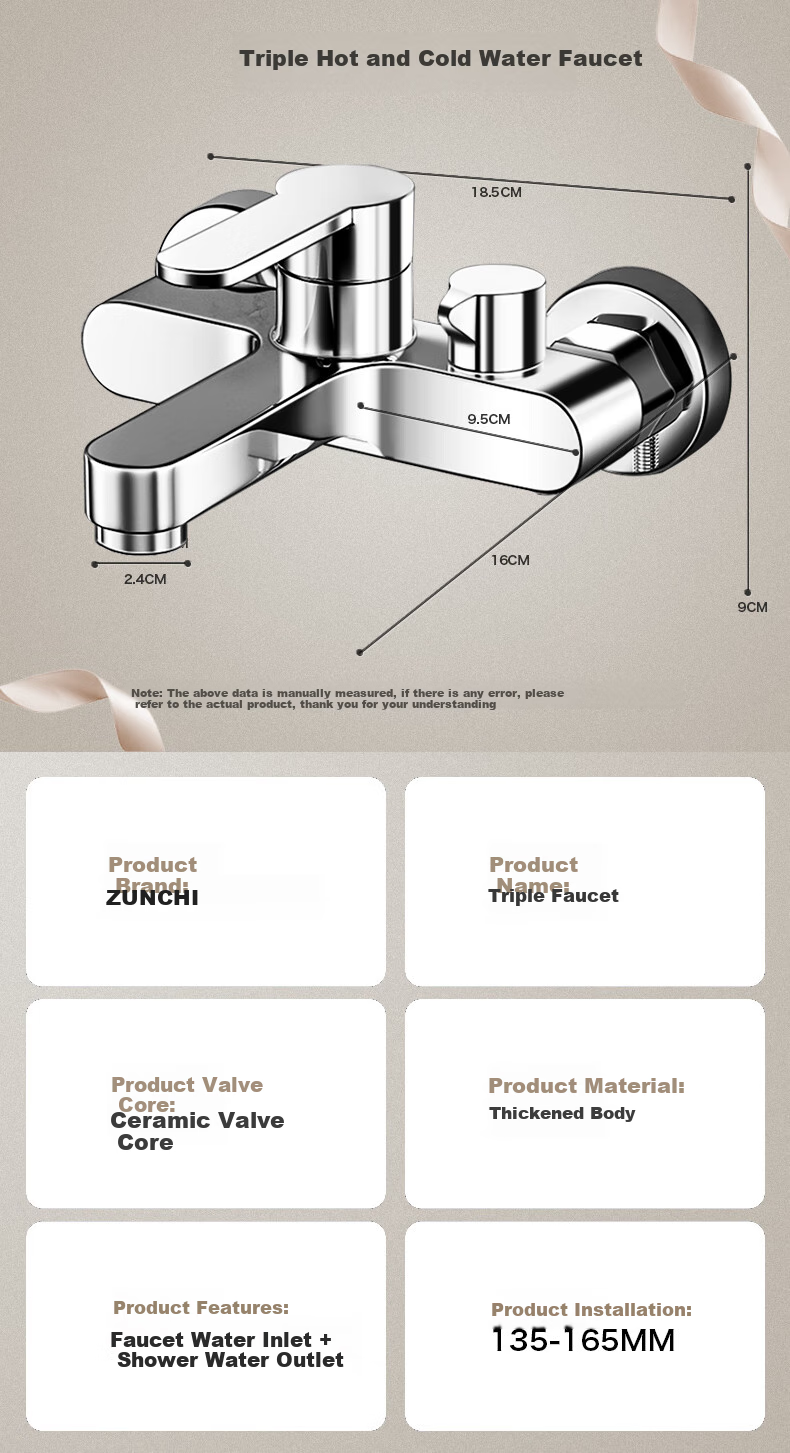 ZUNCHI Mixing Valve Hot And Cold Water Faucet, Thickened Triple Shower Head, Bathroom Toilet Washroom Wall-Mounted Bathtub Faucet 1