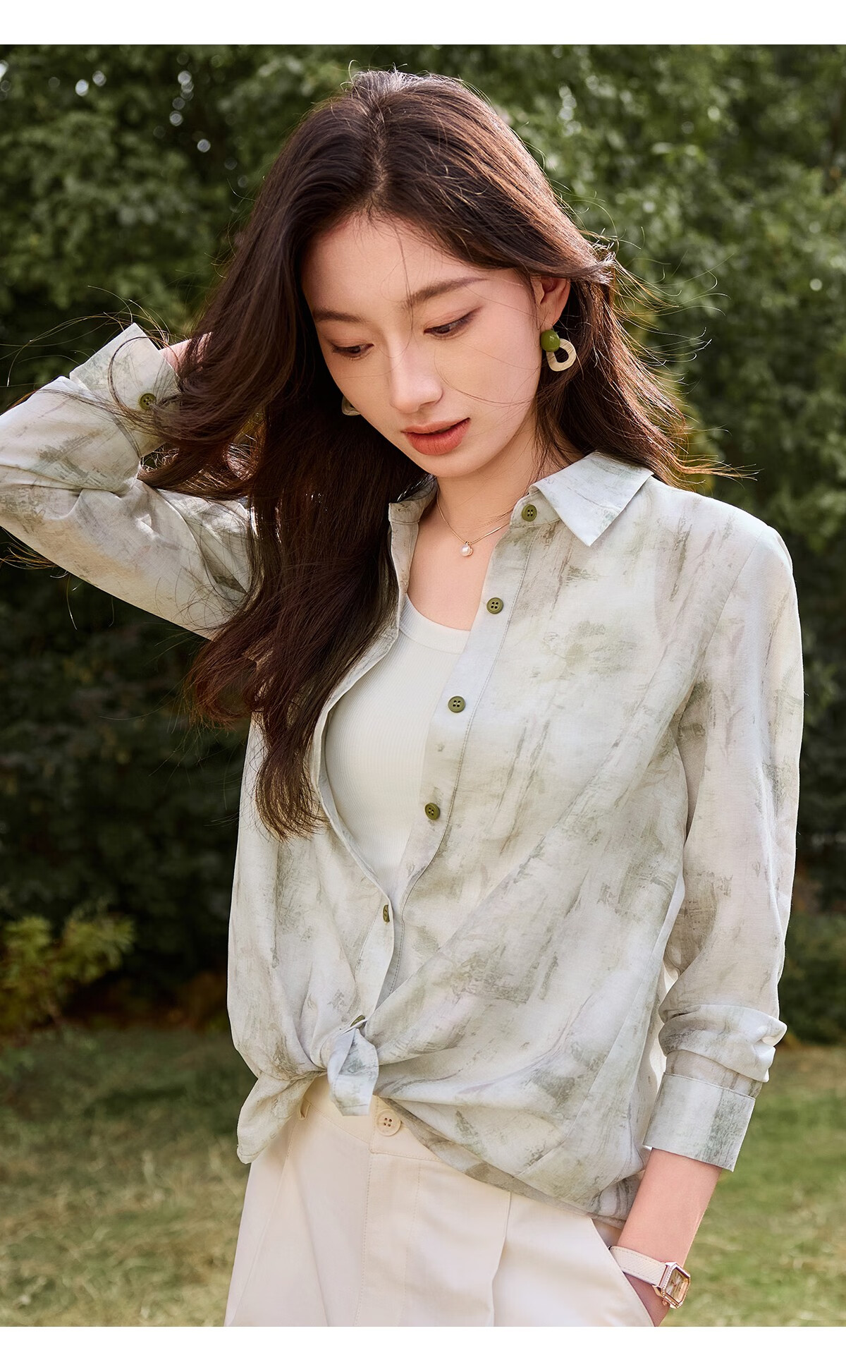Chushen Spring And Summer Long-Sleeve Shirt for Women, Artistic Tie-Dye Printed Blouse Jacket Air Conditioning Shirt S52S020 Winter Light Green S 26