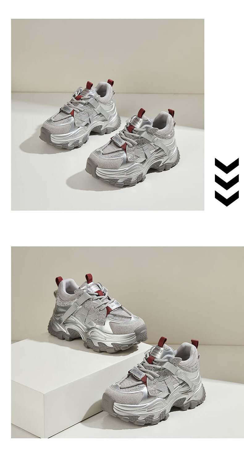 DAPHNE Chunky Sneakers for Women, Thick-Soled Trendy Versatile Casual Shoes, Height-Increasing Comfortable Sports Shoes, Travel Shoes for Women, Silver Red Color, Size 40 14